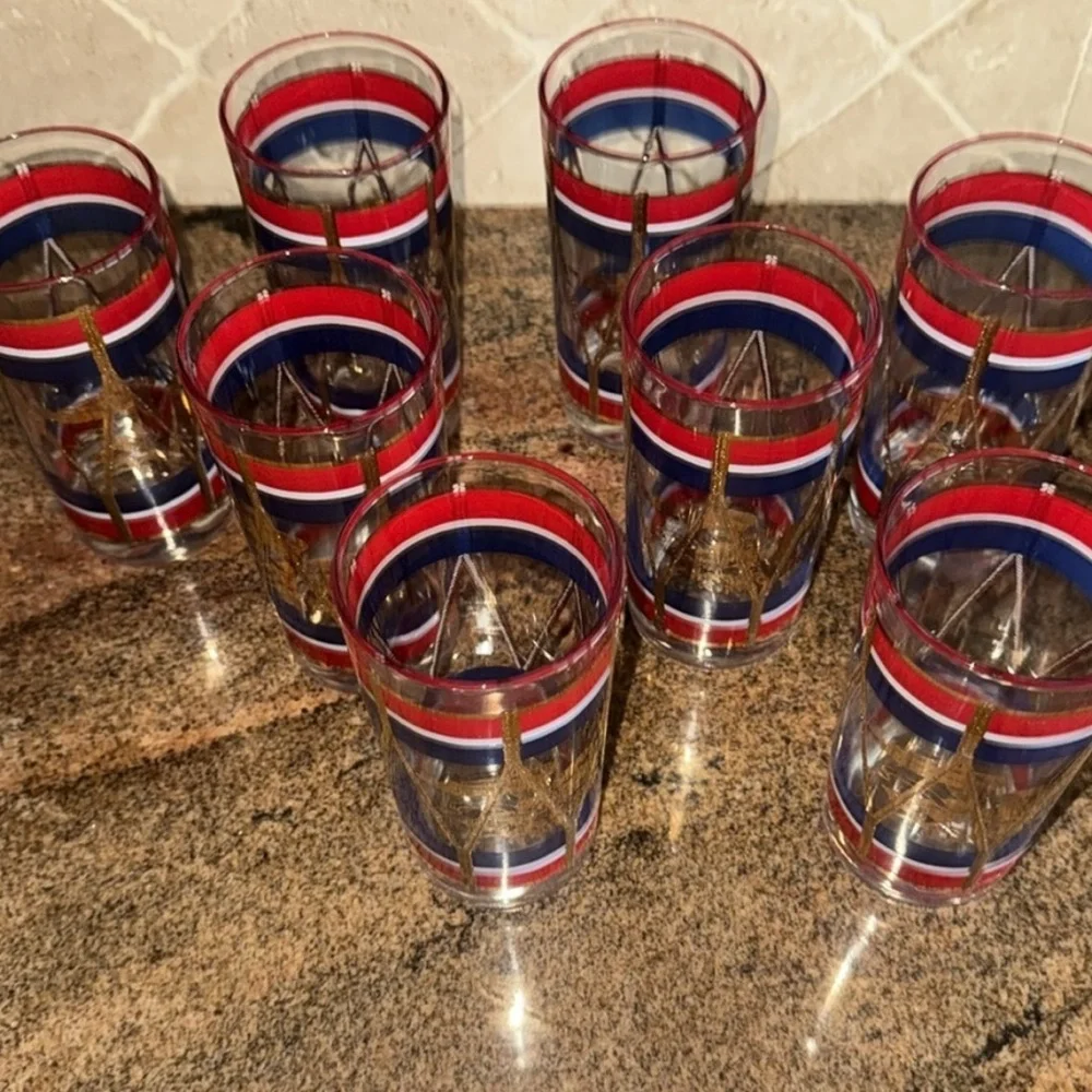 Set/8 Antique House Art Hi Ball Set Red White Blue & Gold Eagle Drum Design